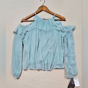 Metropolis Light Blue‎ Green Women's Cold Shoulder Ruffle Top Size EG or XL NWT